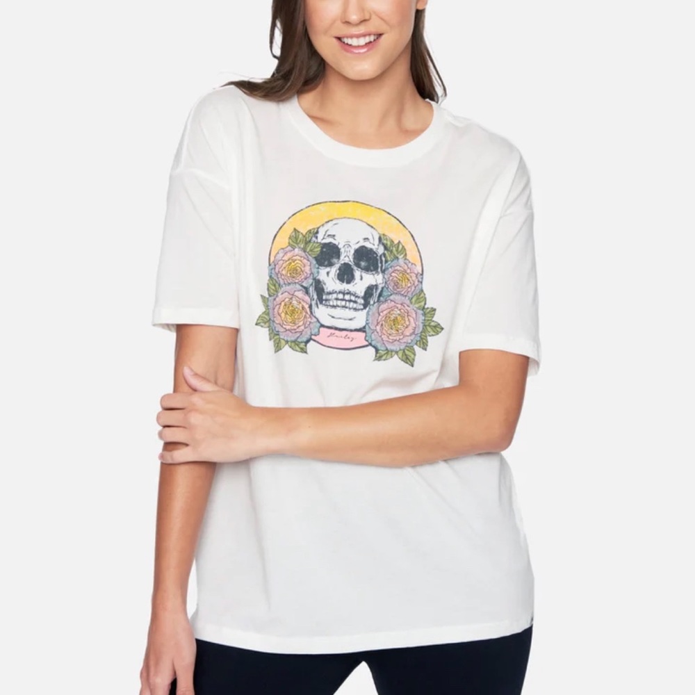 Hurley White Skeleton Roses Graphic Oversized Cotton Tee Size S